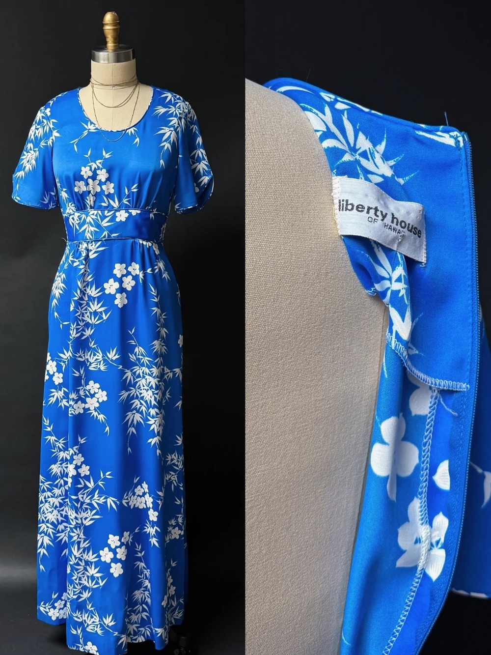 Vintage 70s Liberty House Hawaii Blue Floral Maxi Dress Tropical Vacation Chic